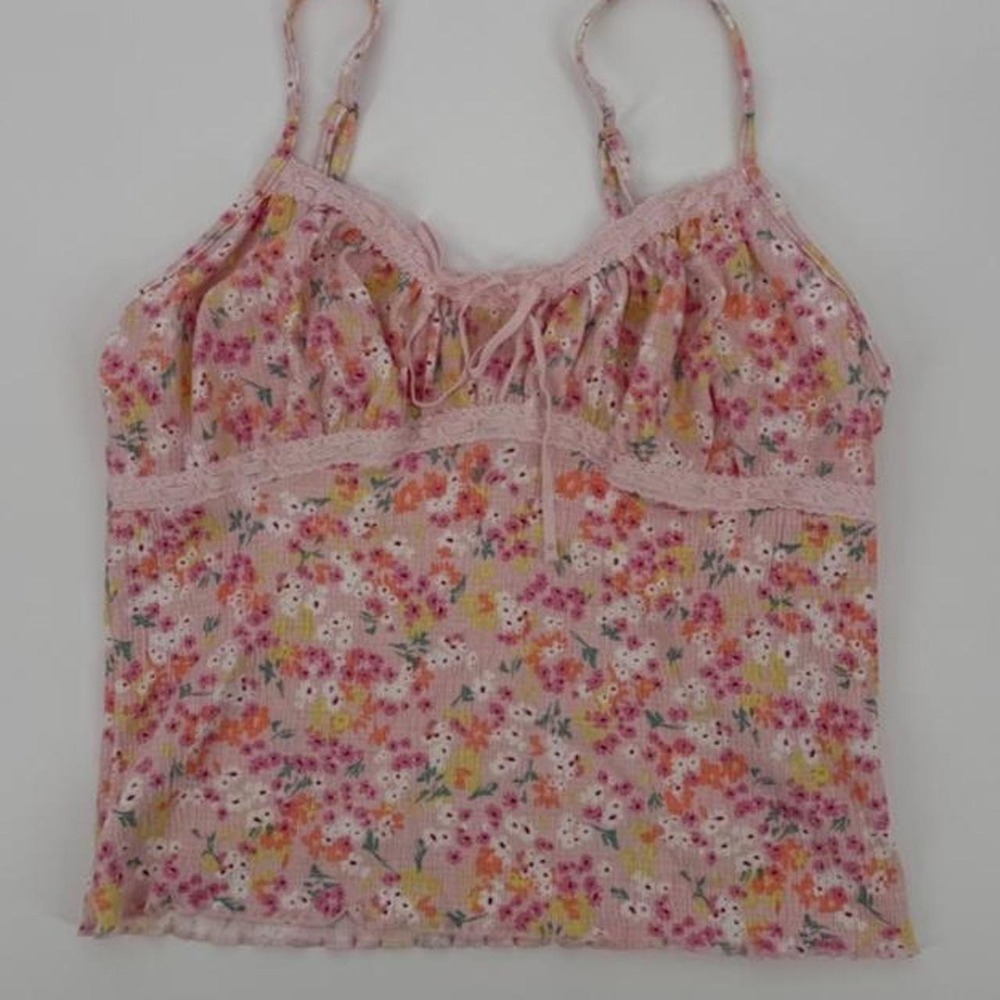 No Boundaries Pink Floral Cami Top Lace Trim Adjustable Straps Womens Size M